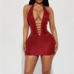 Red Lace-Up Halter Bodycon Mini Dress